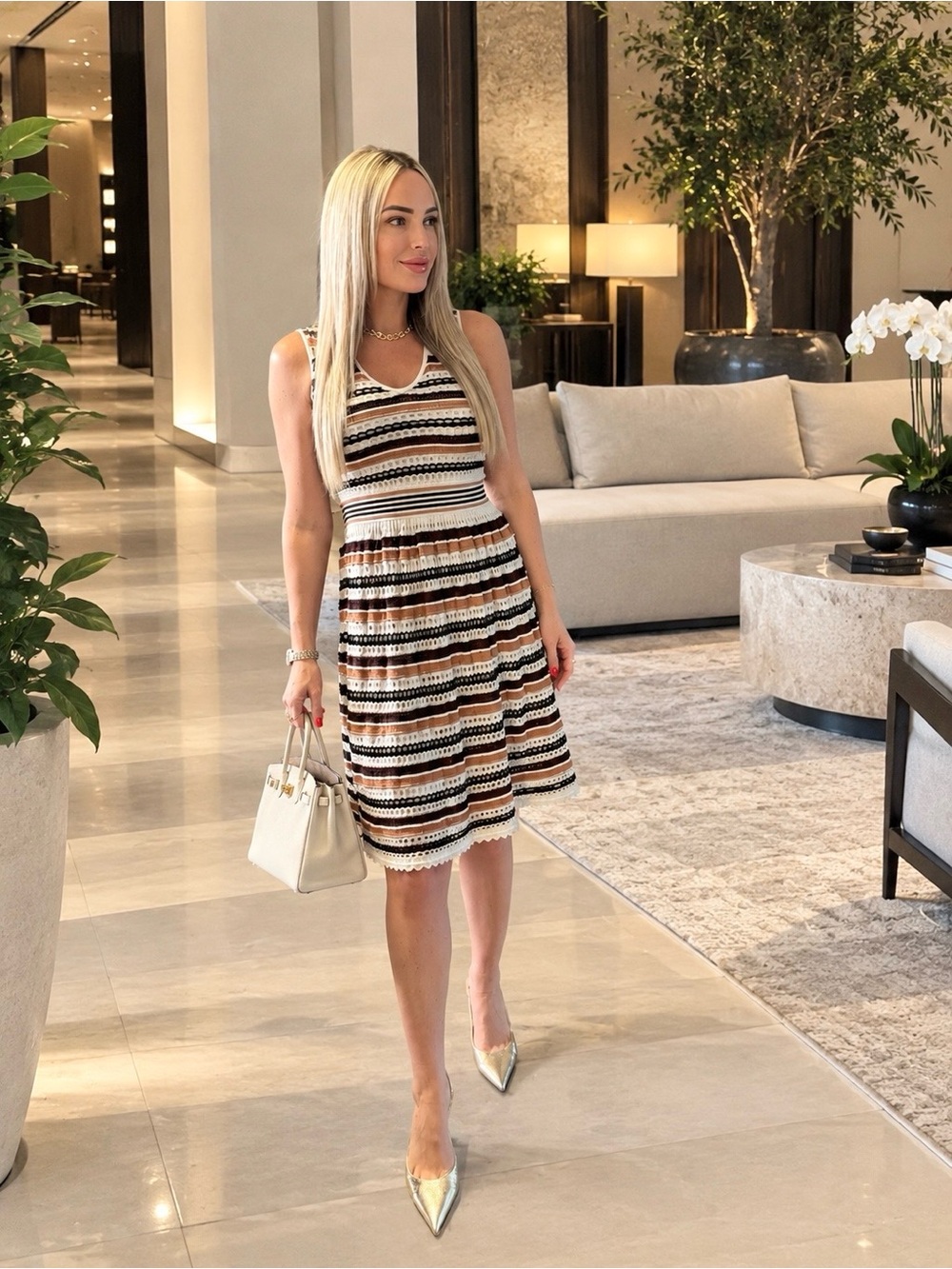 SANDRO Sleeveless Striped Knit Dress in Black, White & Brown